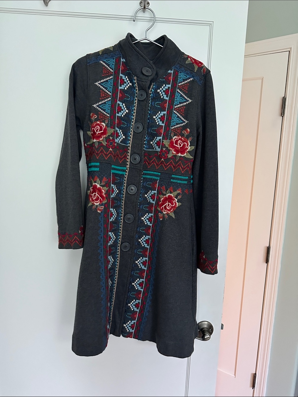 Johnny Was Embroidered Charcoal Button-Front Coatigan with Rose Motif